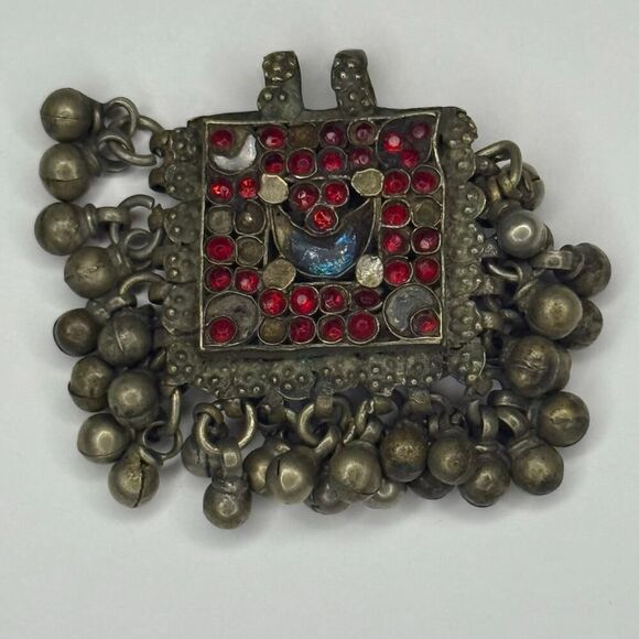 Vintage Kuchi Afghan Prayer Box Pendant with Red Glass Stones & Bells 2” - Picture 3 of 5